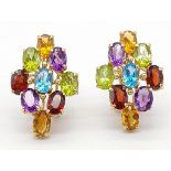 A glorious, 18K yellow gold, multi-gem (citrine, amethyst, garnet, peridot & aquamarine) pair of