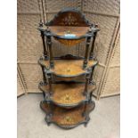 A lovely Four-tiered Victorian Burr Walnut Waterfall Whatnot. Four shaped shelves with inlay. Each