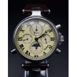 A Stauer Chronograph Quartz Gents Moon Watch. Brown leather strap. Stainless steel case - 40mm. Pale