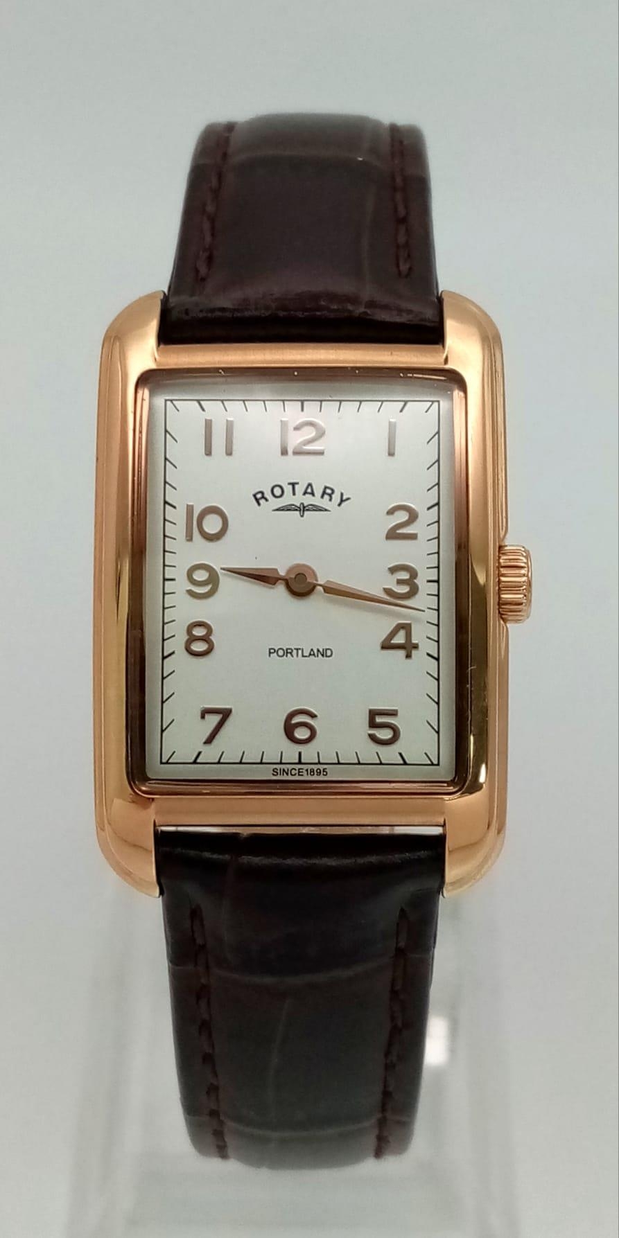 A Ladies Rose Gold Plated Rotary Portland Watch. Brown leather strap. Two-tone case - 25mm width. - Image 2 of 6