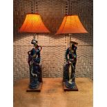 A Pair of Asian Inspired Ceramic Table Lamps. Male and Female lamps, probably a custom-made