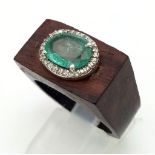 An Unusual 1.8ct Zambian Untreated Emerald Gemstone Wood Ring. Surrounded with Real Diamonds. Size