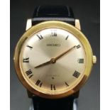 A Lovely Vintage Seiko Gents Mechanical Dress Watch. Black leather strap. Gold plated case - 33mm.