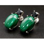 A Pair of 925 Silver Green Marcasite and Sapphire Earrings.