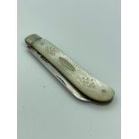 Antique SILVER BLADED FRUIT KNIFE with beautiful engraved serpentine mother of pearl handle. clear