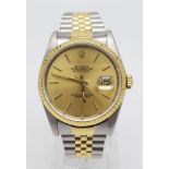 GENTLEMANS BI METAL ROLEX OYSTER PERPETUAL DATEJUST WATCH WITH GOLD FACE. VERY NICE CONDITION. 36MM.