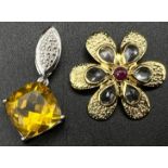 Two 925 Silver Gemstone Brooches. Lemon quartz and Ruby with white quartz on gilded silver. 30 and