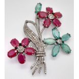 An Emerald, Ruby and Diamond Floral Brooch - with gemstone weight 14.82ct , diamond weight 1.