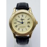 A Stauer Gents Dress Watch. Black leather strap. Two tone case - 40mm. Gold tone dial with date