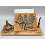 WW1 German Trench Art Desk Set. Made from an explosive box and pickelhaube pieces.