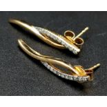 A Pair of 9K Yellow Gold and Diamond Drop Earrings. 3cm drop. 3.54g total weight.