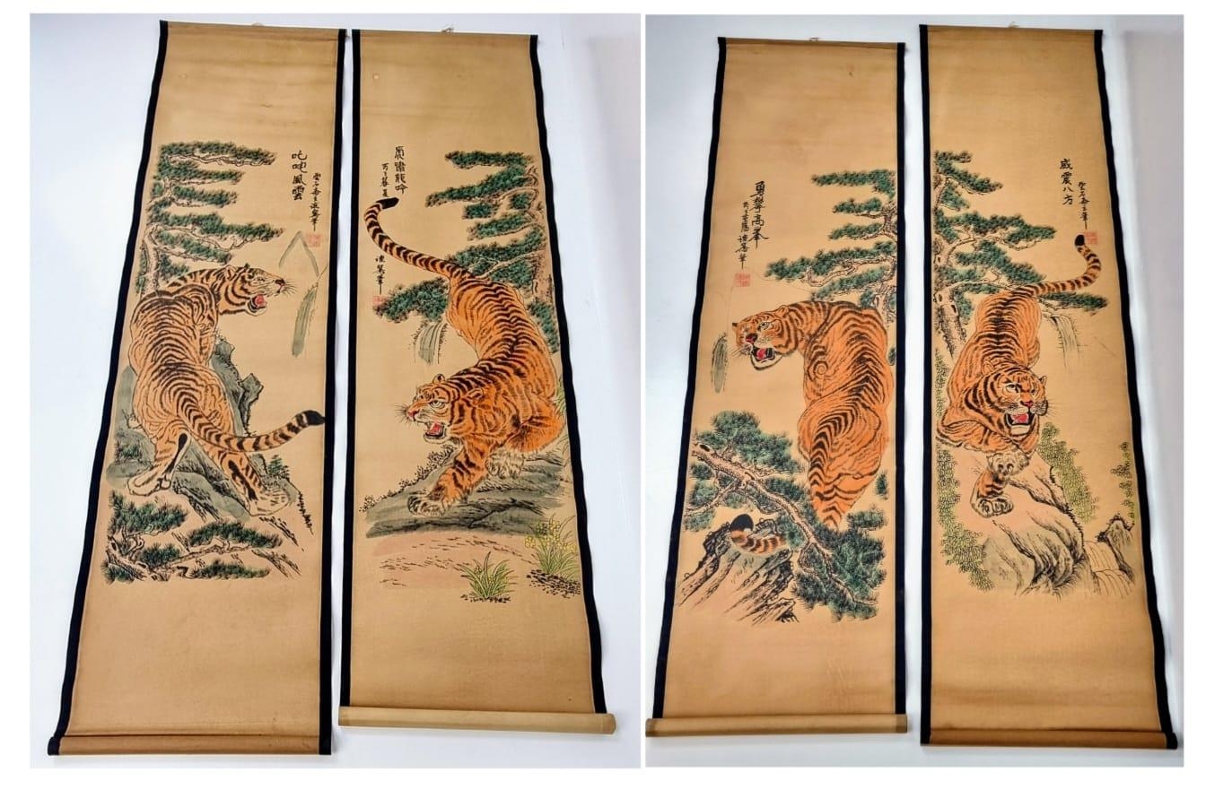 A Set of Four Chinese Hanging Scrolls with Tiger Artwork Decoration. 125 x 30cm each.