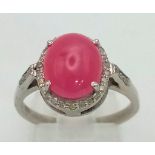 A 4ct Burma Ruby Ring set in 925 Silver. 0.22ct Real Diamond Surround. Real Earth Mined Gemstone