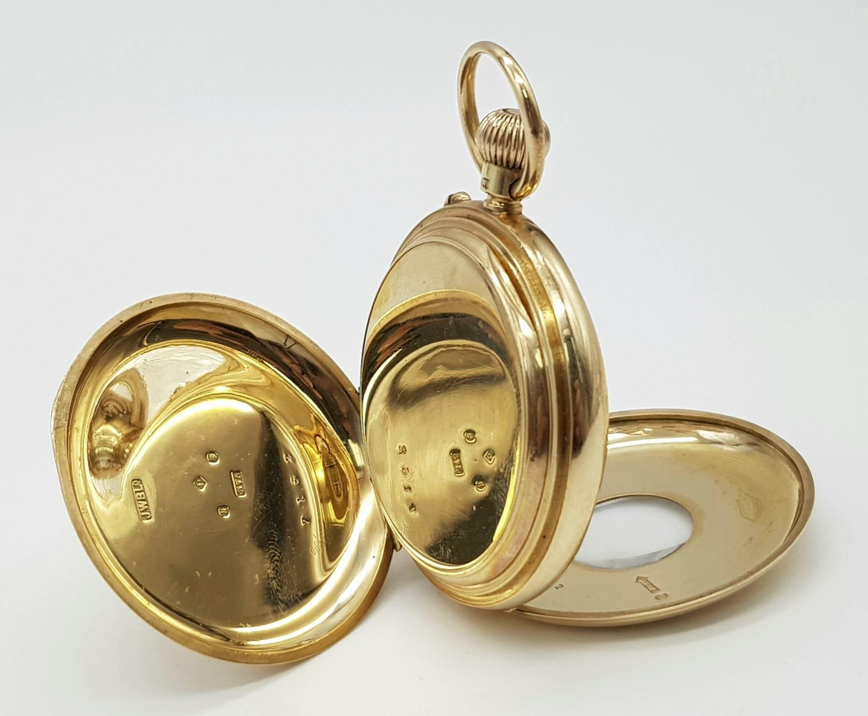 A Wonderfully Crafted 9K Gold J.W. Benson Half-Hunter Pocket Watch. White dial with sub second dial. - Image 3 of 9