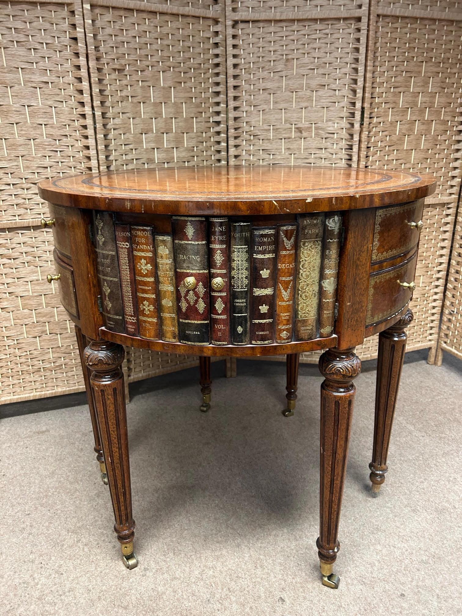 Maitland Smith Round Leather-Wrapped Book Motif Design Side Table on Castors. There are three sets - Image 3 of 6