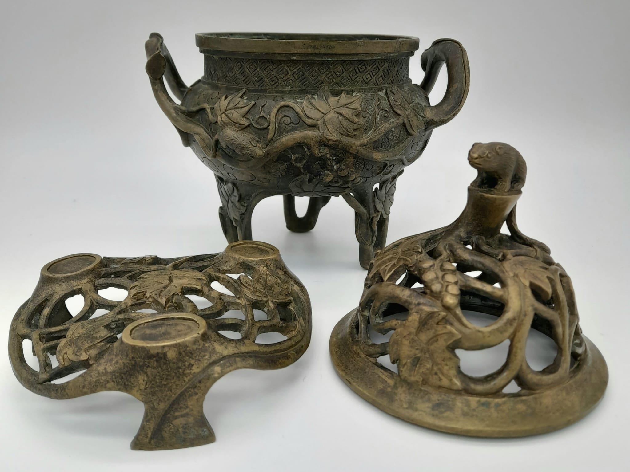 A Late Qing Dynasty Three Piece Bronze Censer. Rat at the apex overseeing a good harvest. 26cm tall. - Image 3 of 5