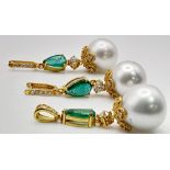A Pair of High Karat Gold, Large South Sea Pearl, Emerald and Diamond Earring and Pendant Set. 4cm