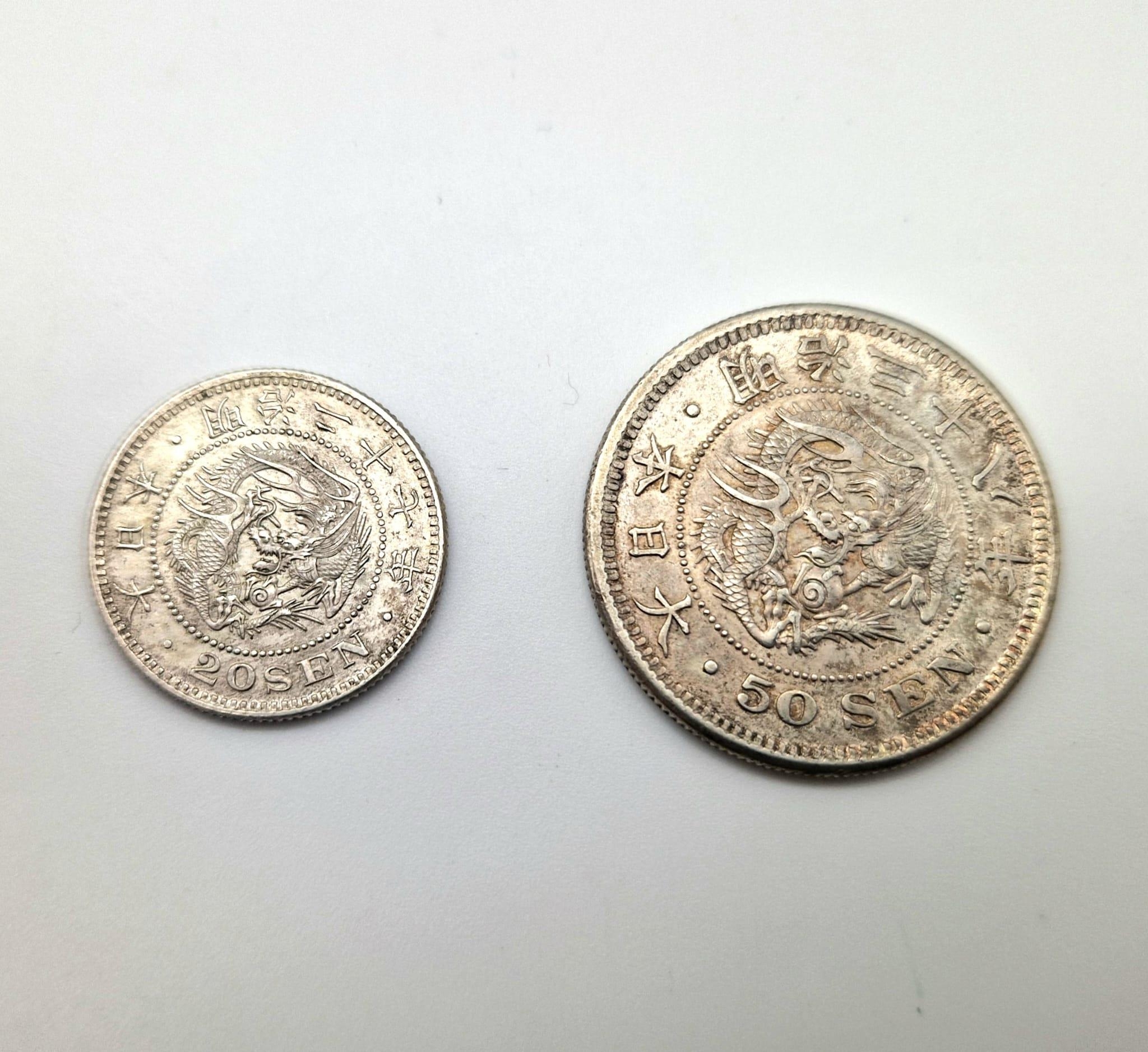 Two Antique Japanese Silver Coins. 1894 20 Sen and a 1906 50 Sen.