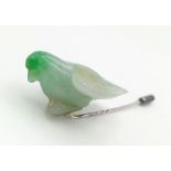 A Lovely Vintage Jade Parrot Silver Stickpin. 7cm.