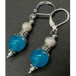 A Pair of Blue Jade and Pearl Drop Earrings. Lever-back clasp. 3cm drop