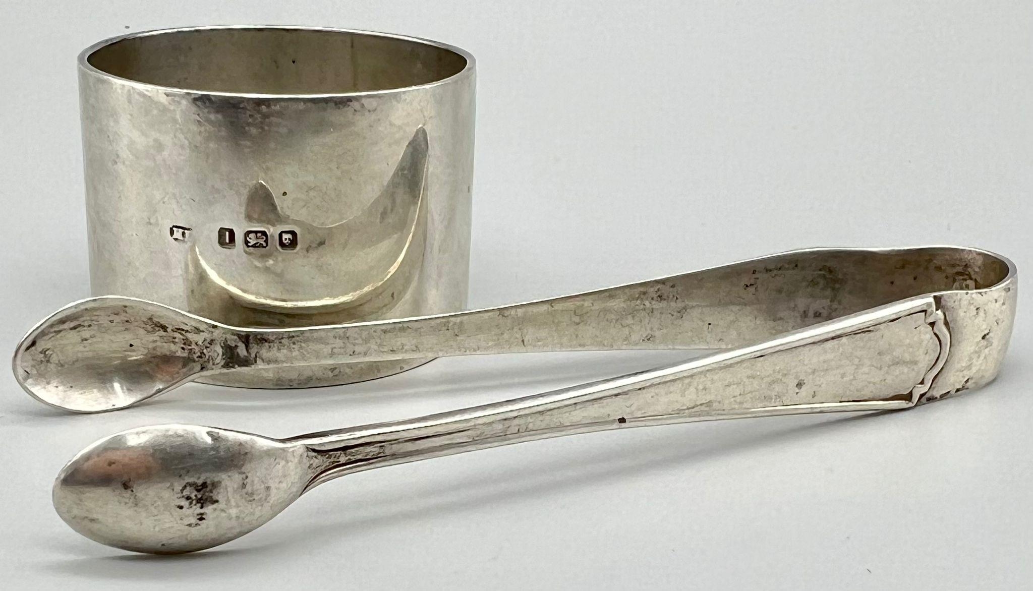 A Quirky 925 Silver mix lot of Napkin Ring and tongs. Tongs are Marked for James Deakin &Sons - Image 2 of 3