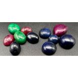 54.80 Ct Cabochon Ruby, Emerald, and Blue Sapphire. 6 Pcs in Total.