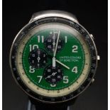 A Vintage United Colours of Benetton Chronograph Watch. Black leather strap. Stainless steel