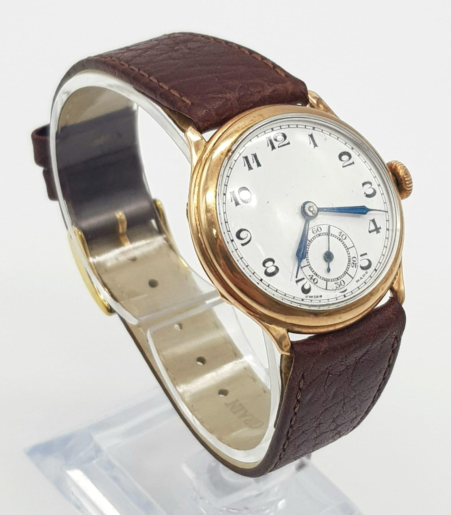 VINTAGE 9CT ROSE GOLD CASED MANUAL WIND WRISTWATCH ON BROWN LEATHER STRAP - Image 2 of 5