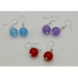 Pale Blue, Ruby Red and Lavender Coloured Jade Ball Earrings. Three pairs in total.