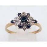 9K YELLOW GOLD DIAMOND & SAPPHIRE CLUSTER RING 1.5G SIZE N 1/2