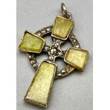 A Vintage 1927/28 Hallmarked Silver Celtic Hardstone & Marcasite Cross Pendant. Edinburgh Hallmark