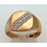 A 9 K yellow gold, diamond set, signet ring, size: P, weight: 5.8 g.