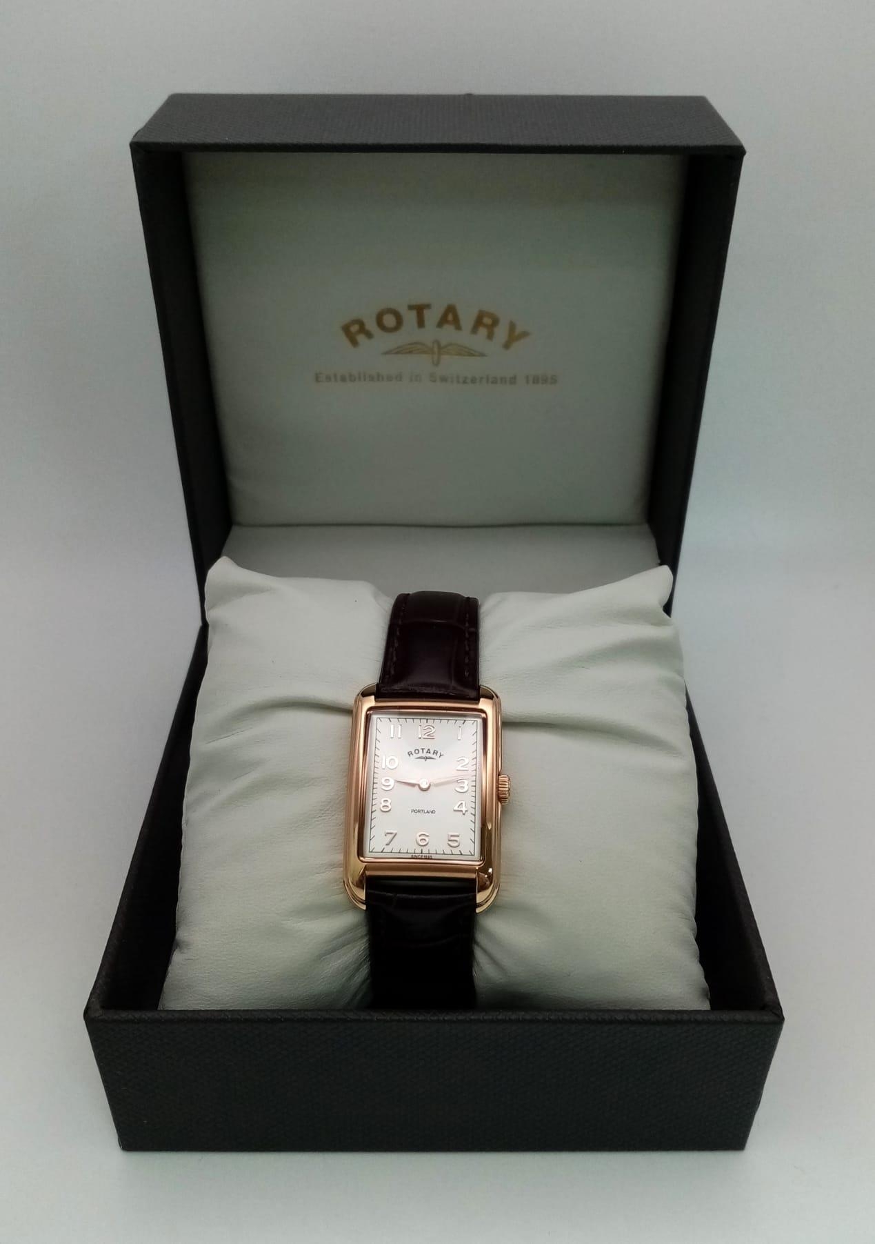 A Ladies Rose Gold Plated Rotary Portland Watch. Brown leather strap. Two-tone case - 25mm width. - Image 4 of 6
