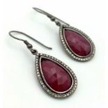 A Pair of 14ct Natural Ruby Teardrop Dangler Earrings, set in 925 Black Antique Finish silver,