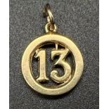 Unlucky For Some! 9K Yellow Gold 13 Symbol. Charm or pendant. 2cm. 0.95g