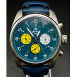 An Oskar Emil Limited Edition Gents Chronograph Watch. Case - 50mm. Blue leather strap. Blue dial