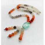 A 150ct Moonstone tumble bead necklace with a Green amethyst tumble drop - 6 and 42cm.
