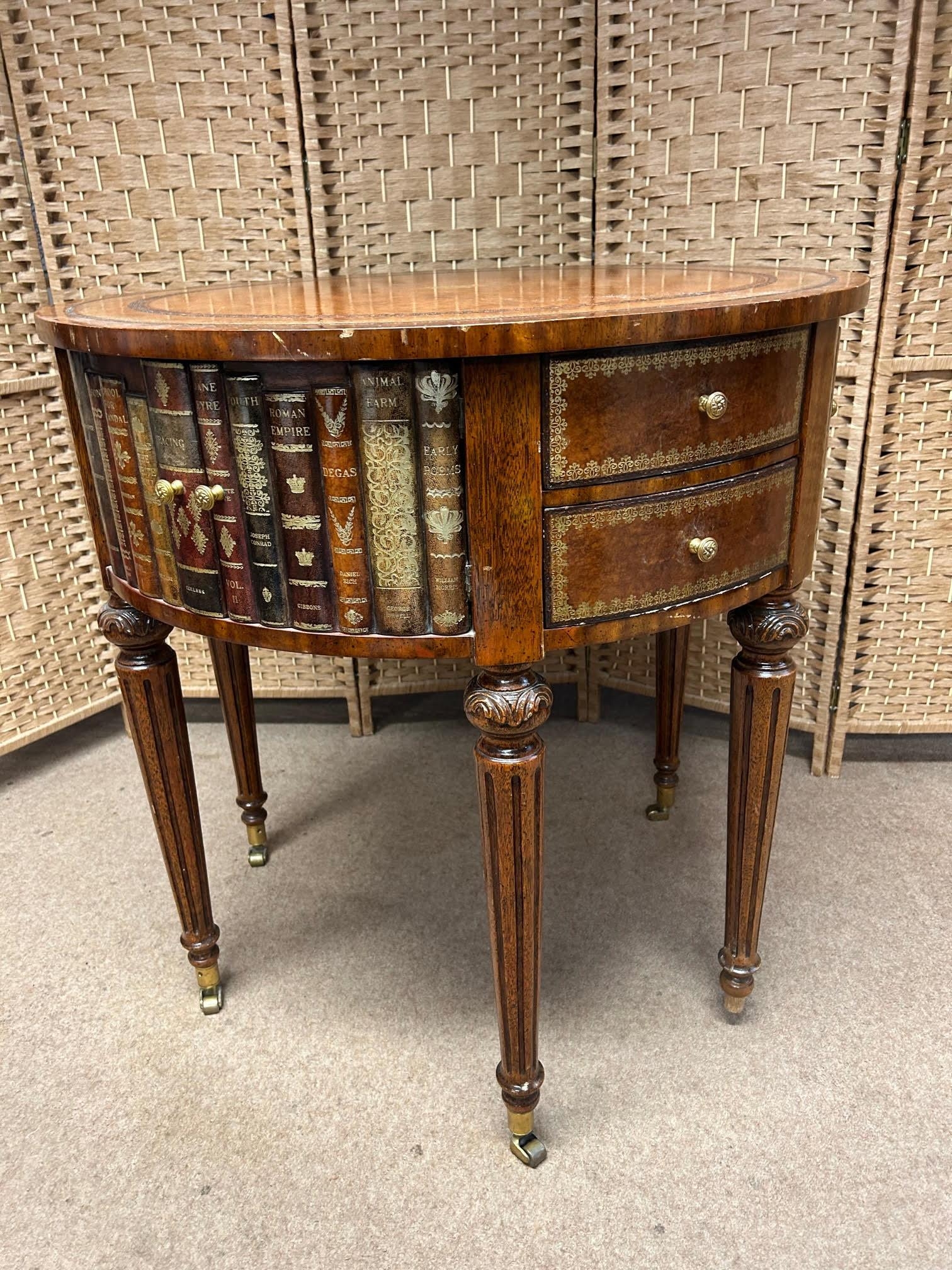 Maitland Smith Round Leather-Wrapped Book Motif Design Side Table on Castors. There are three sets - Image 2 of 6