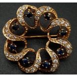 9K YELLOW GOLD DIAMOND & SAPPHIRE BROOCH, GORGEOUS CLEAN DIAMONDS. WEIGHS 4.6G