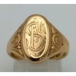 18K YELLOW GOLD, EDWARDIAN SIGNET RING. HALLMARKED BIRMINGHAM 1901. ENGRAVED. WEIGHS 6.4G. SIZE L
