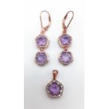 A Gold Plated 925 Silver and Amethyst Jewellery Set. A pair of drop earrings and a brooch. Both with