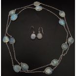 925 Silver and Moonstone Necklace and Earrings Set. 42.93grams. necklace is approx 110cm in length.