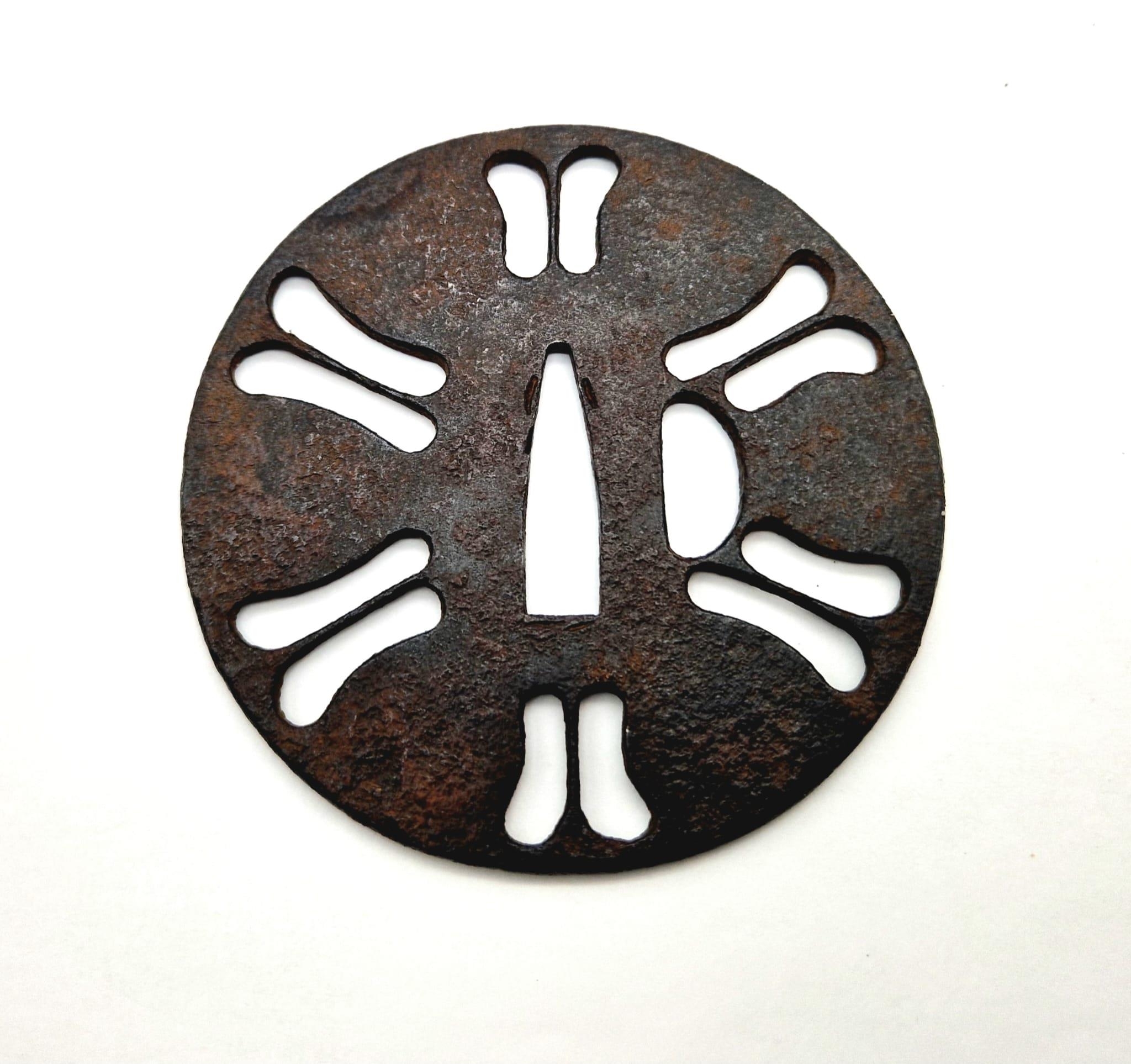 ANTIQUE EDO PERIOD JAPANESE SAURAI SWORD TSUBA'S , SUKASHI STYLE SET OF 2 , 78 X 80mm AND 70 X 65mm. - Image 2 of 8