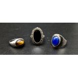 Three Vintage Silver Rings. Onyx - Q, Blue stone - M, and Tigers Eye - N.