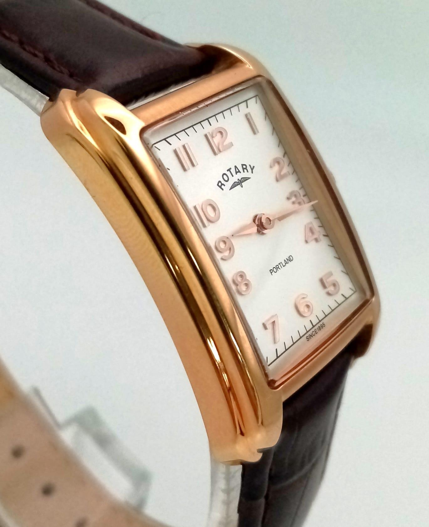 A Ladies Rose Gold Plated Rotary Portland Watch. Brown leather strap. Two-tone case - 25mm width. - Image 3 of 6