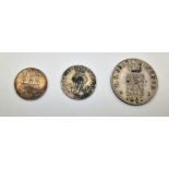 Three Antique German State Silver Coins. Saxony Albertine 1848 2 Groschen, 1855 Hamburg Sechsling