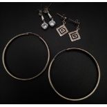 Three Pairs of 925 Silver Earrings Including Large Hoops.
