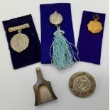 ANTIQUE JAPANESE BUDDHIST CLOISONNE BLUE SILK TASSLE AND A RARE MARTIAL ARTS AWARD PIN FOR KYUDO,