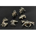 SELECTION OF 6 STERLING SILVER ANIMAL RELATED CHARMS HORSE, STAG, LIION, ELEPHANT, PIG & HORSE