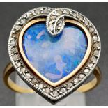 An Antique 18K Gold Georgian Black Harlequin Opal Ring. Heart-shaped with a diamond serpentine